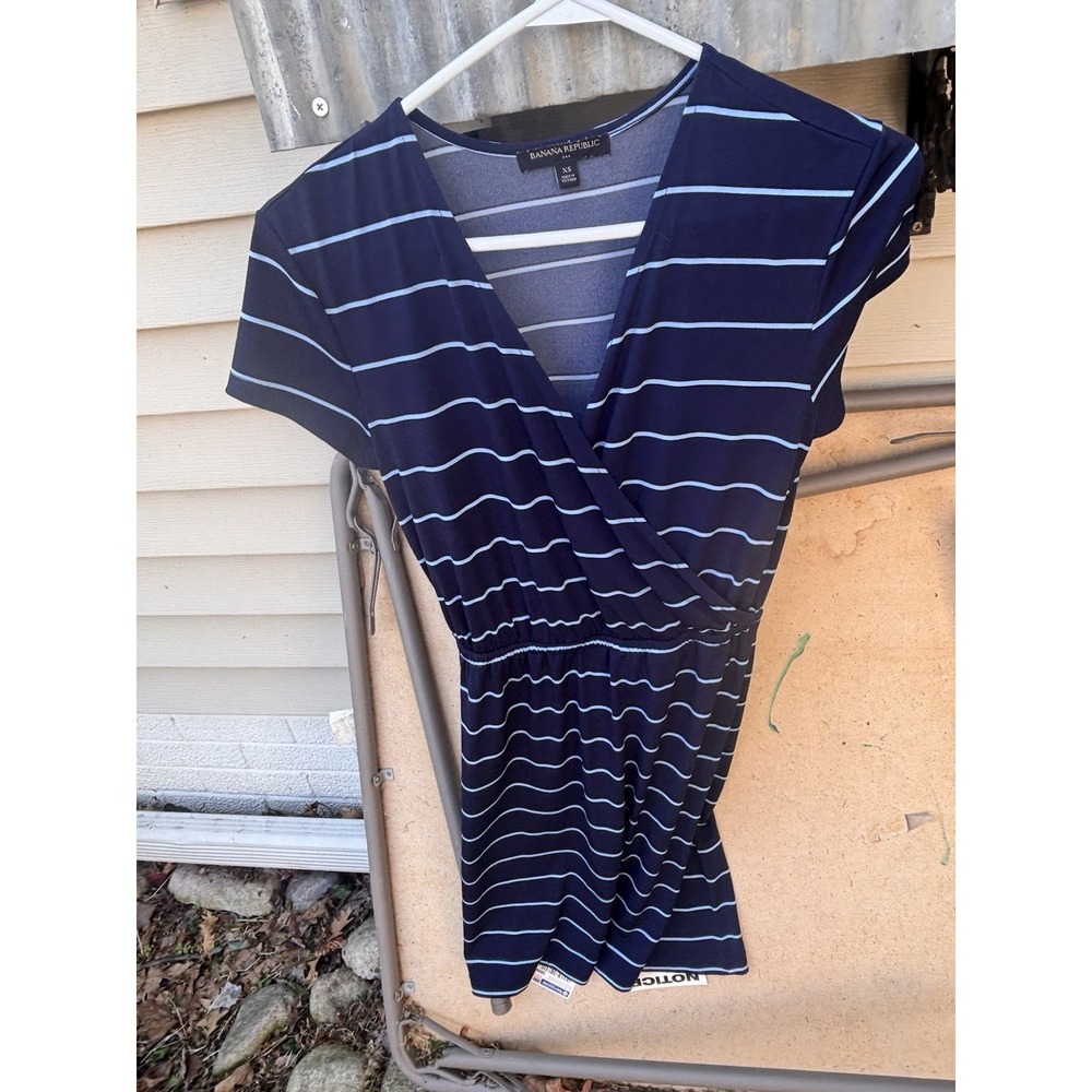 Woman Banana Republic Dress Blue Xs  Stripe V Neck Waist Preppy Cruise - Picture 2 of 3